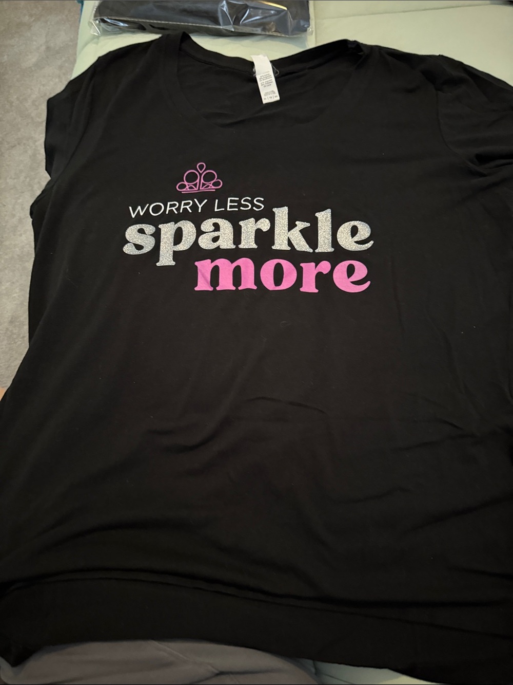 #0085 - Black 'Worry Less Sparkle More' Graphic Tee - Pink & Silver Accent